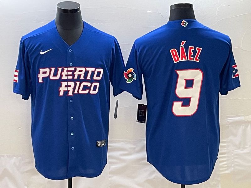 Men 2023 World Cub Puerto Rico #9 Baez Blue Nike MLB Jersey2->->MLB Jersey